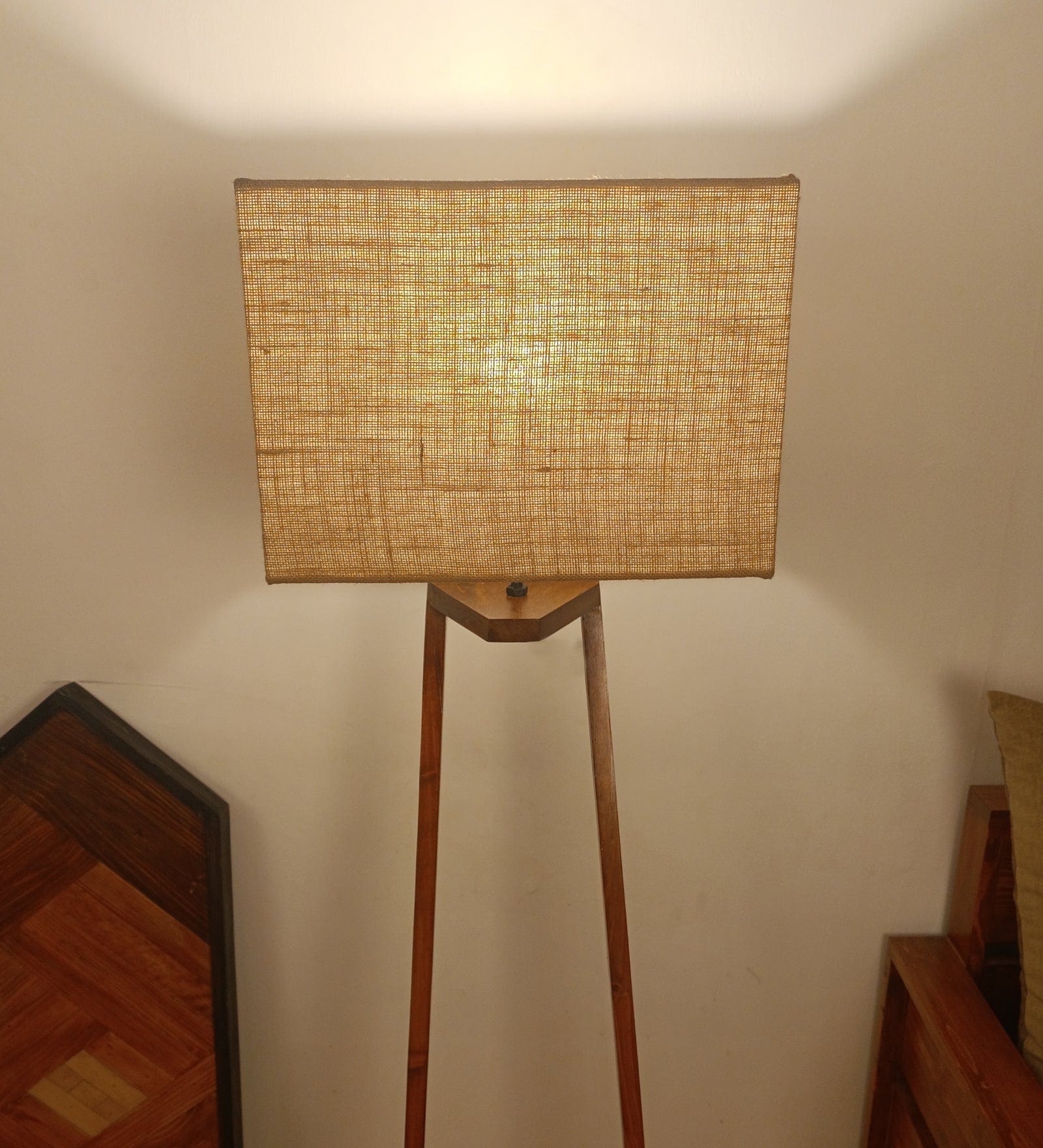 Angular Wooden Floor Lamp with Brown Base and Premium Beige Fabric Lampshade (BULB NOT INCLUDED)