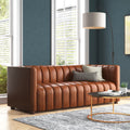 Modern Channel Tufted Leather Sofa | 3-Seater Upholstered Couch with Vertical Stitch Design | Luxury Living Room Sofa
