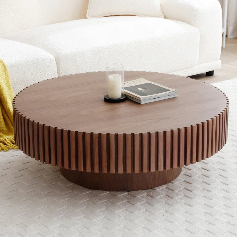 Modern Round Coffee Table with Fluted Gear Design | Luxury MDF Pedestal Center Table for Living Room