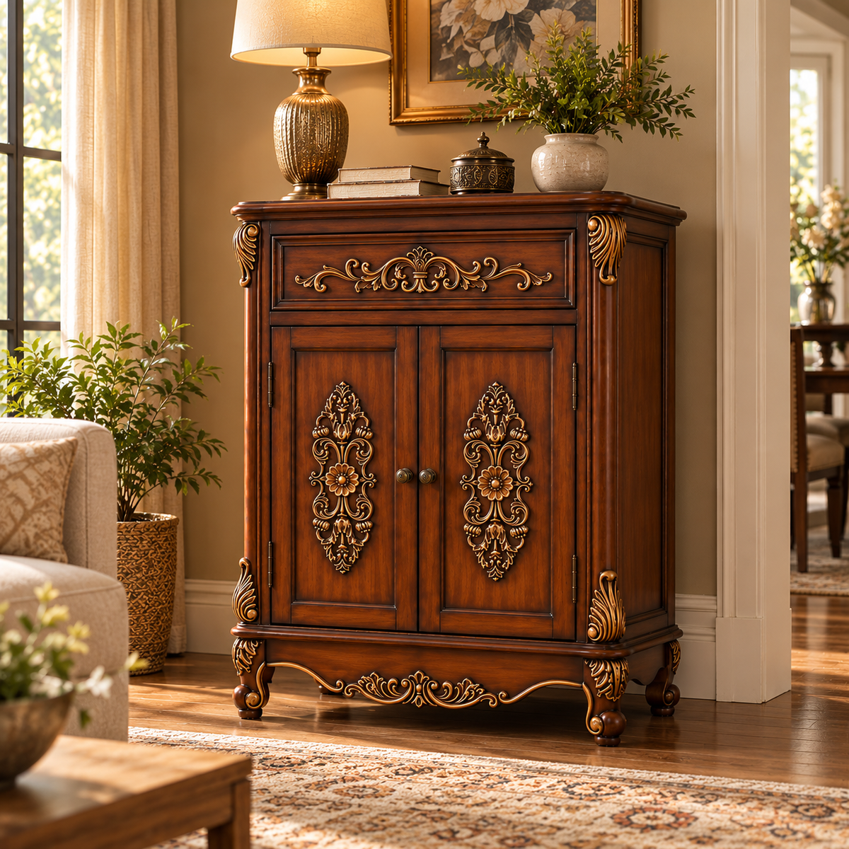 Antique Wooden Storage Cabinet with Gold Carved Detailing, Traditional 2-Door Sideboard for Living Room, Bedroom and Entryway
