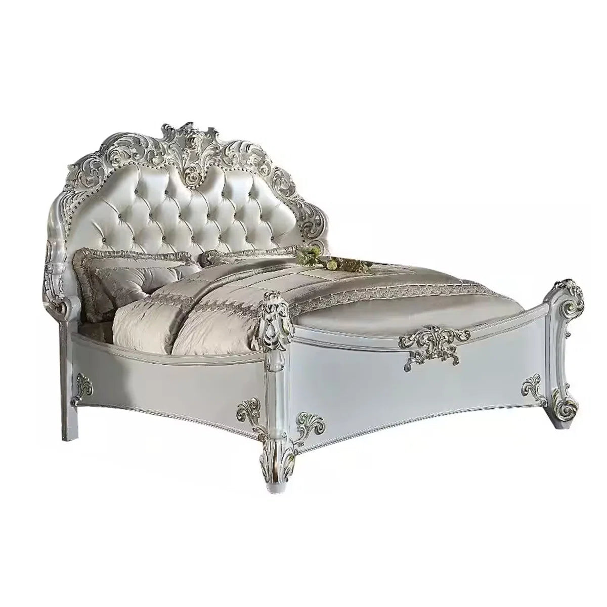 Antoine Bed, White Faux Leather Victorian Carved, Antique White