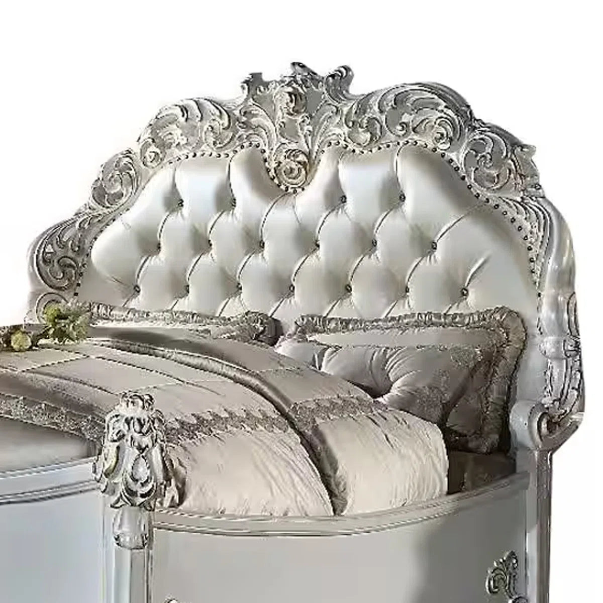Antoine Bed, White Faux Leather Victorian Carved, Antique White