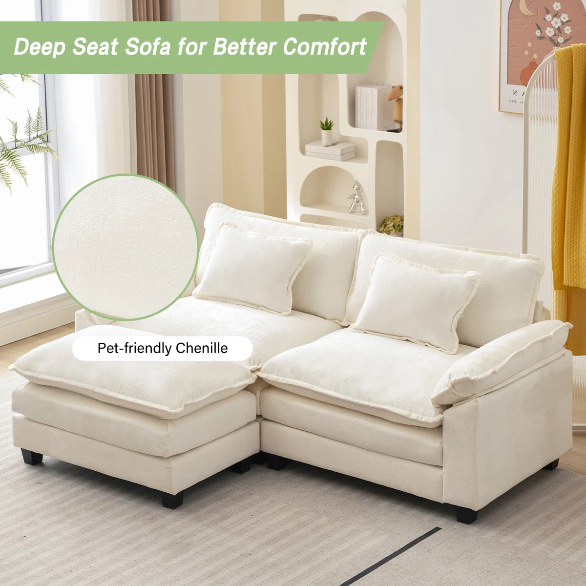 Comfy Cloud Sofa with Ottoman | Modern Upholstered 2-Seater Couch | Deep Seat Loveseat with Cushions