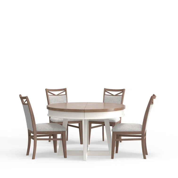 4 seater Round Dining Set with Weathered Natural Finish & Upholstered Chairs