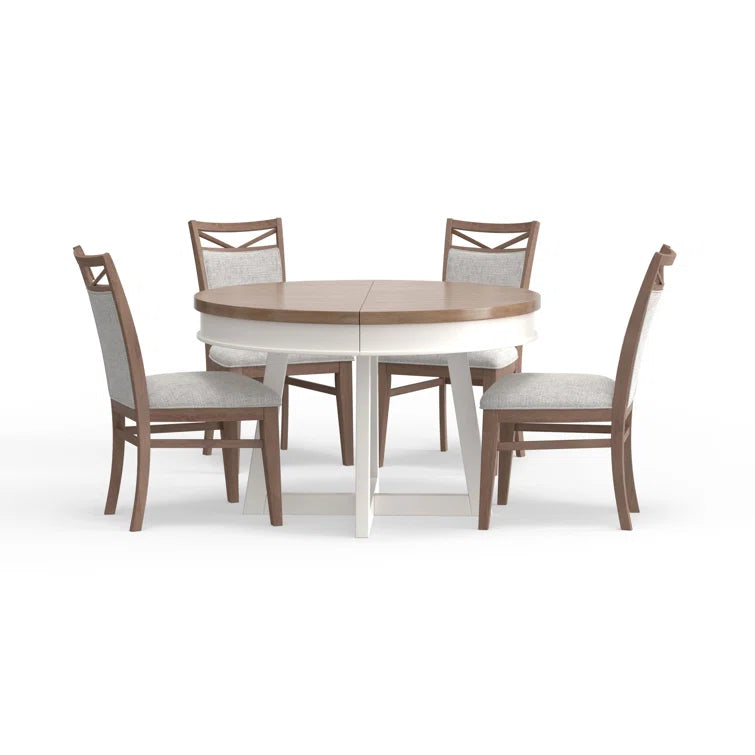 4 seater Round Dining Set with Weathered Natural Finish & Upholstered Chairs