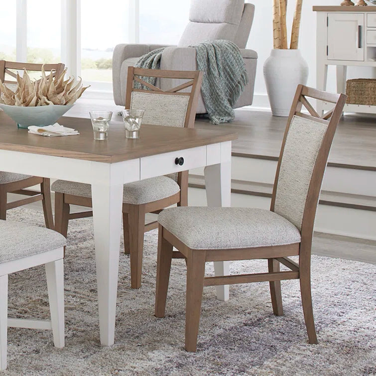 4 seater Round Dining Set with Weathered Natural Finish & Upholstered Chairs