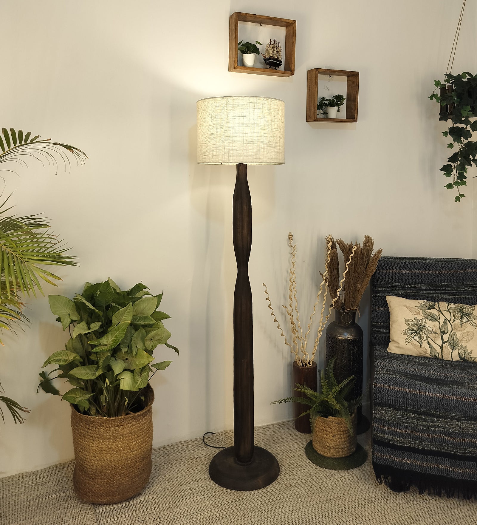 Aristro Wooden Floor Lamp with Brown Base and Jute Fabric Lampshade (BULB NOT INCLUDED)