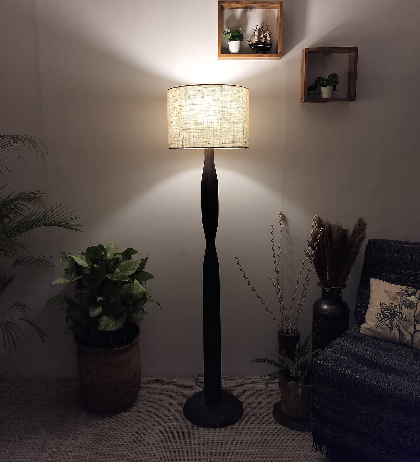 Aristro Wooden Floor Lamp with Brown Base and Jute Fabric Lampshade (BULB NOT INCLUDED)