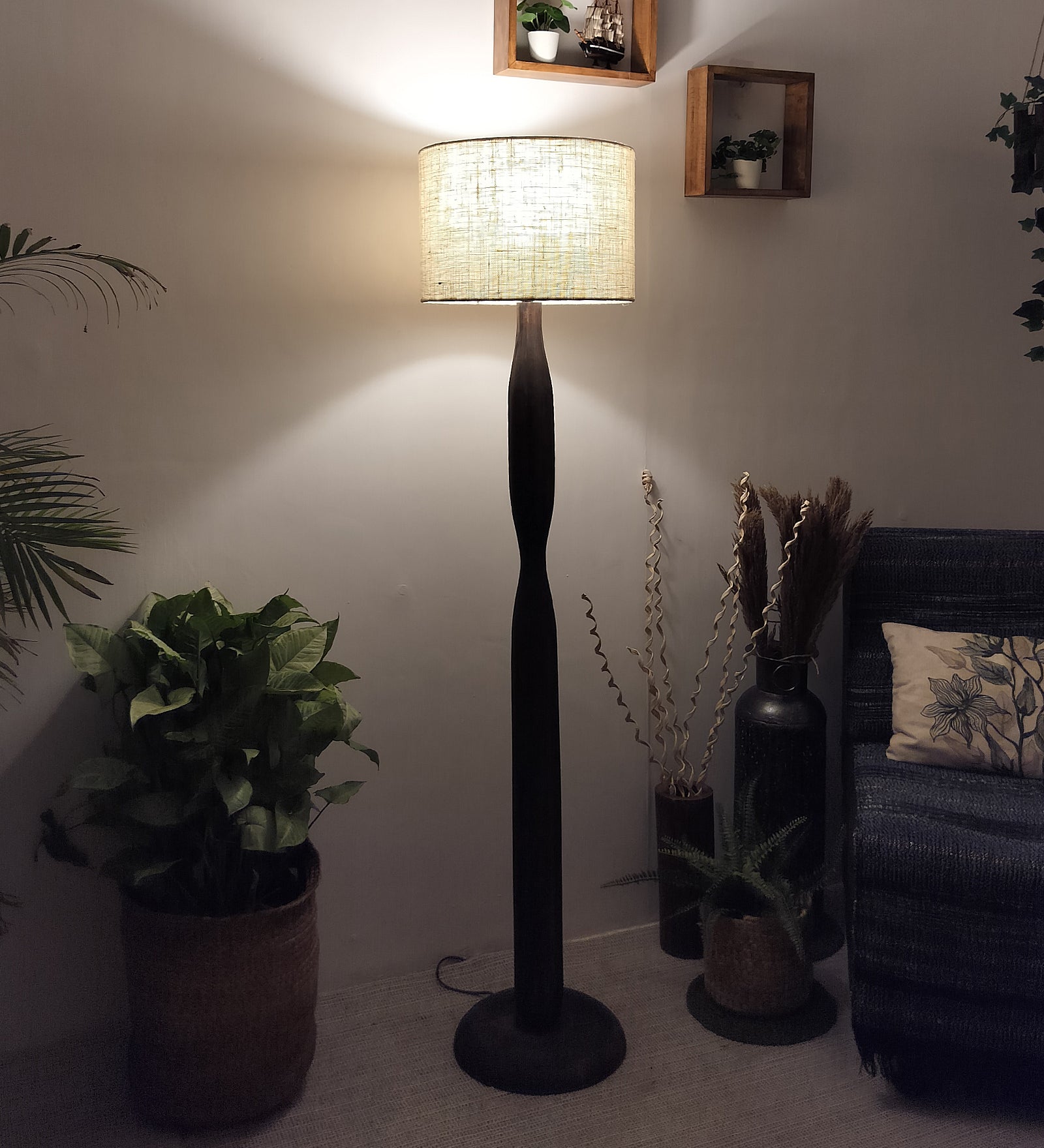 Aristro Wooden Floor Lamp with Brown Base and Jute Fabric Lampshade (BULB NOT INCLUDED)