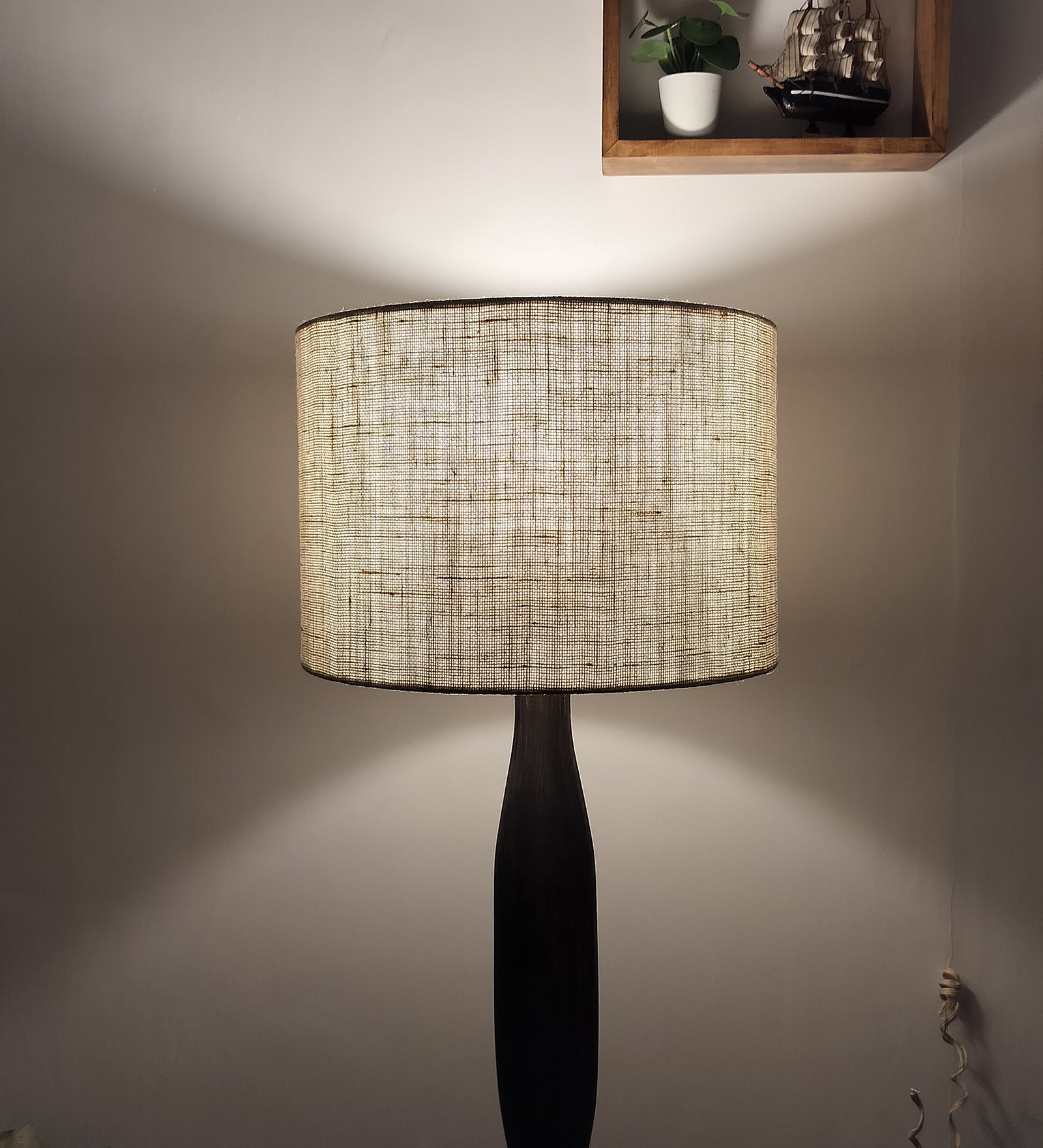 Aristro Wooden Floor Lamp with Brown Base and Jute Fabric Lampshade (BULB NOT INCLUDED)