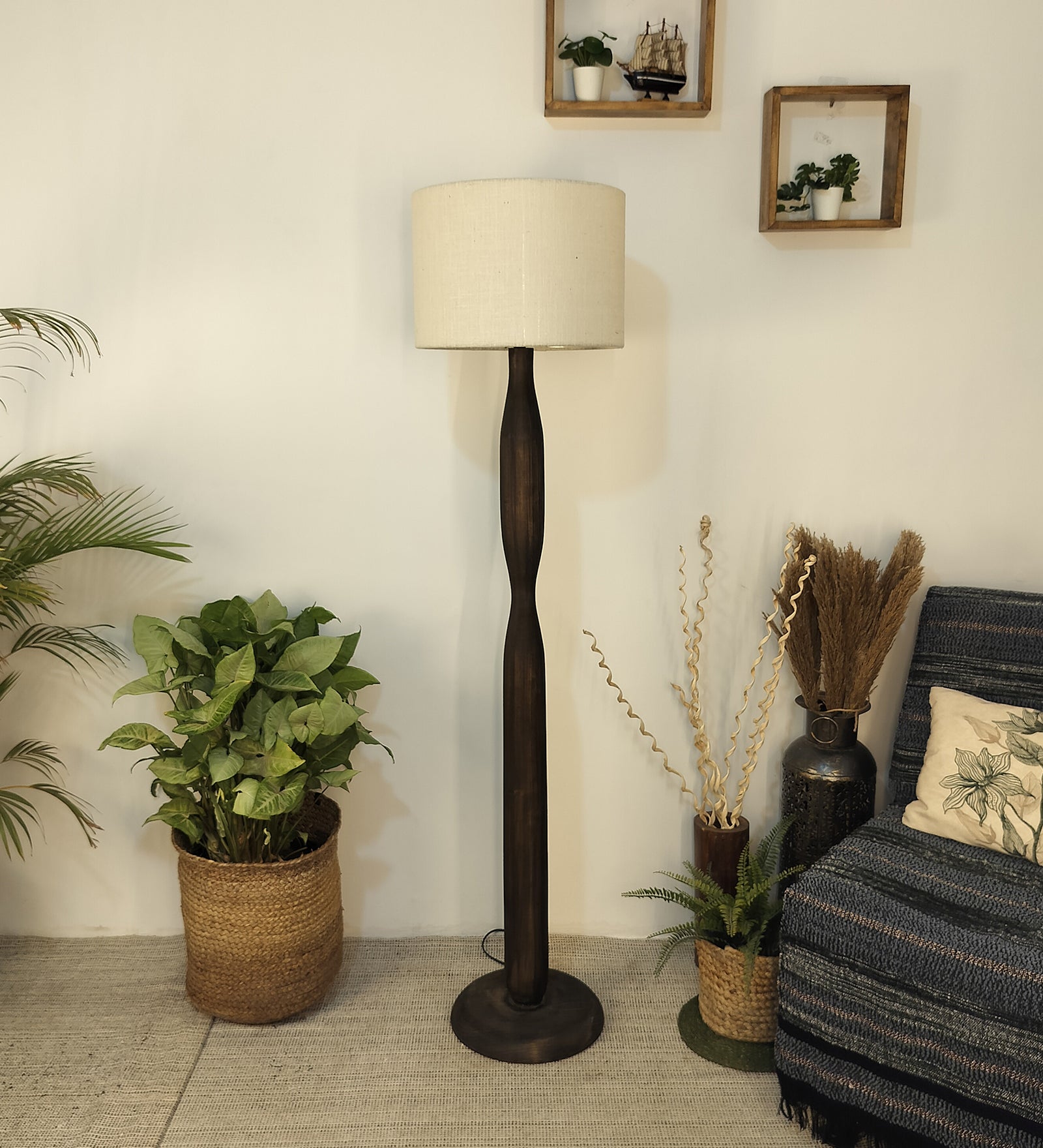 Aristro Wooden Floor Lamp with Brown Base and Jute Fabric Lampshade (BULB NOT INCLUDED)