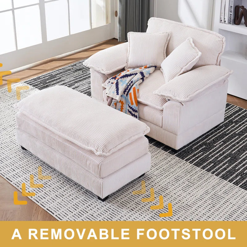  Corduroy Chaise Lounge Sofa with Solid Wood Frame & Ottoman