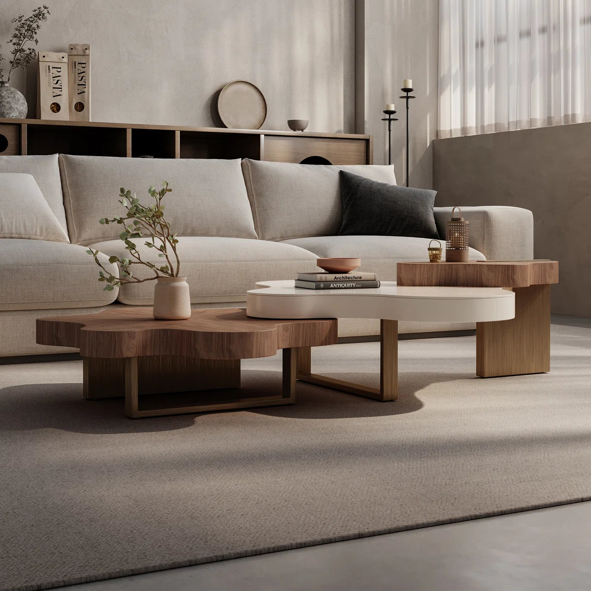 Cloud-Shaped Modular Coffee Table Set – Walnut Finish Nesting Tables with Metal Legs for Modern Living Rooms