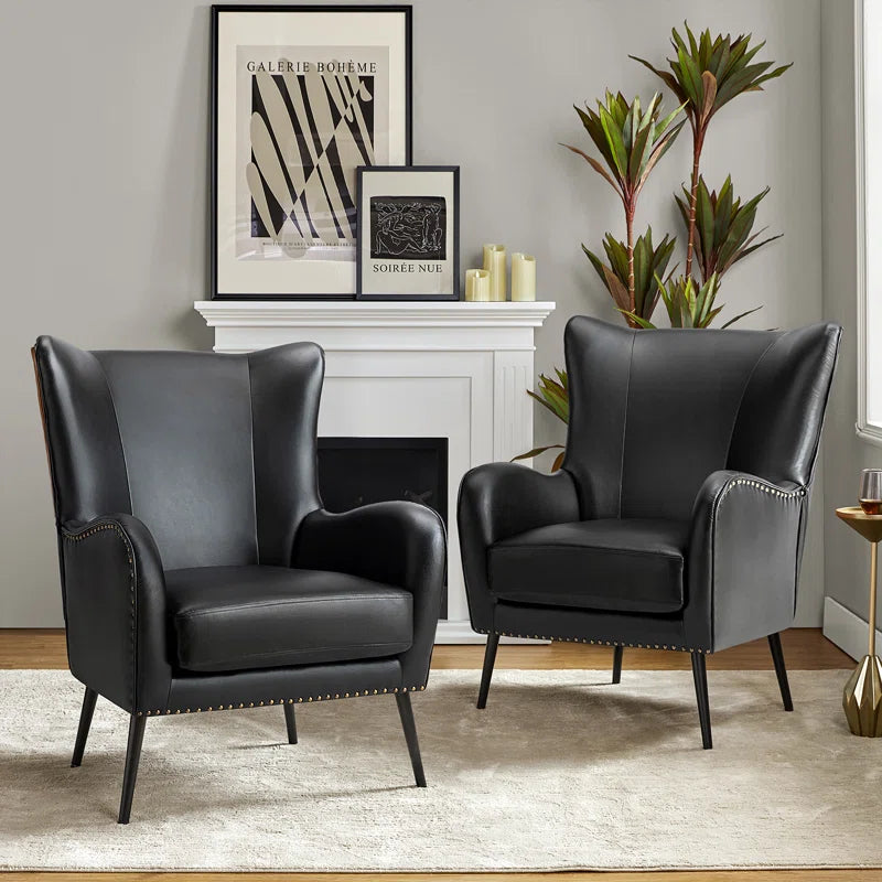 Wingback Vegan Leather Armchair Set (Set of 2) – Mid-Century Modern Design
