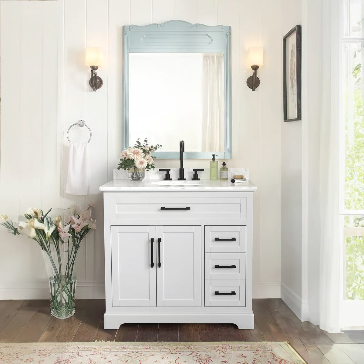 Auben 36" Modern Bathroom Vanity – Engineered Marble Top & Storage Drawers