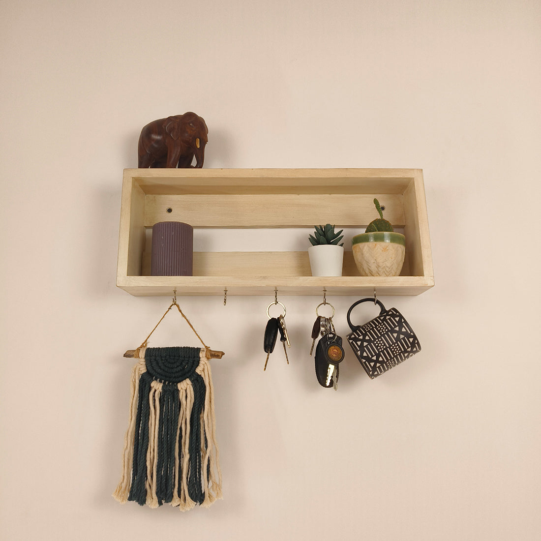 Avalon Wooden Wall Shelf Organiser with Key Holders-OUCH  CART | Wall hanging 