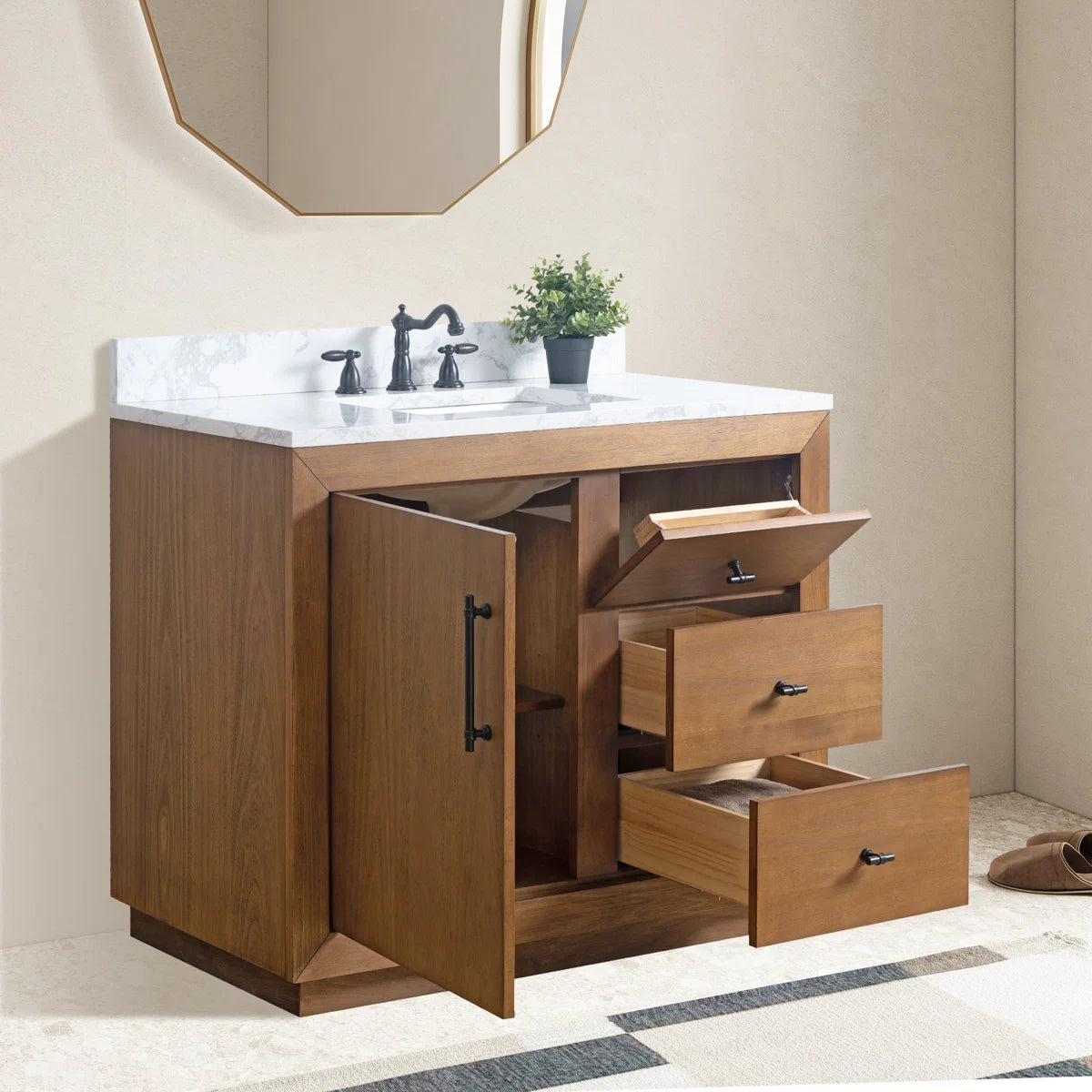 Ouch Cart Wooden Bathroom Vanity Cabinet | Modern Single Sink Vanity with Marble Top – Fox Marvel