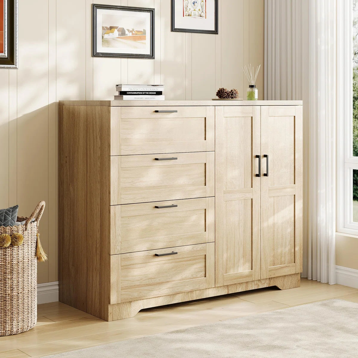 43.3" H Multifunctional Wooden Armoire with 4 Drawers, Hanging Rod & Storage Cabinet for Bedroom