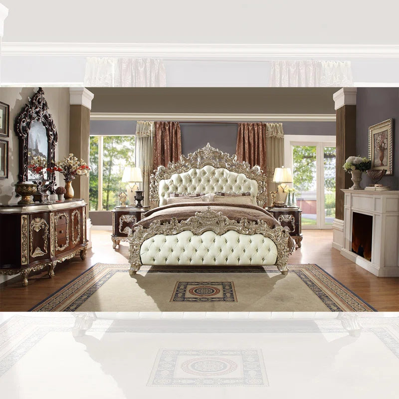 BEDROOM RESIN/LEATHER 5PC BEDROM | SILVER W/BROWN CHERRY ACCENT PIECES- OUCHCART |  Luxury BED