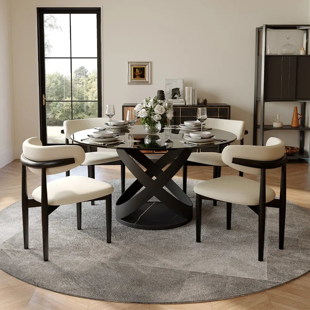 Maxwell Modern Dining Room Sets, Pre-Assembly Round Dining Table Sets, Sintered Stone Tabletop Kitchen Dining Table Set With Upholstered Chairs