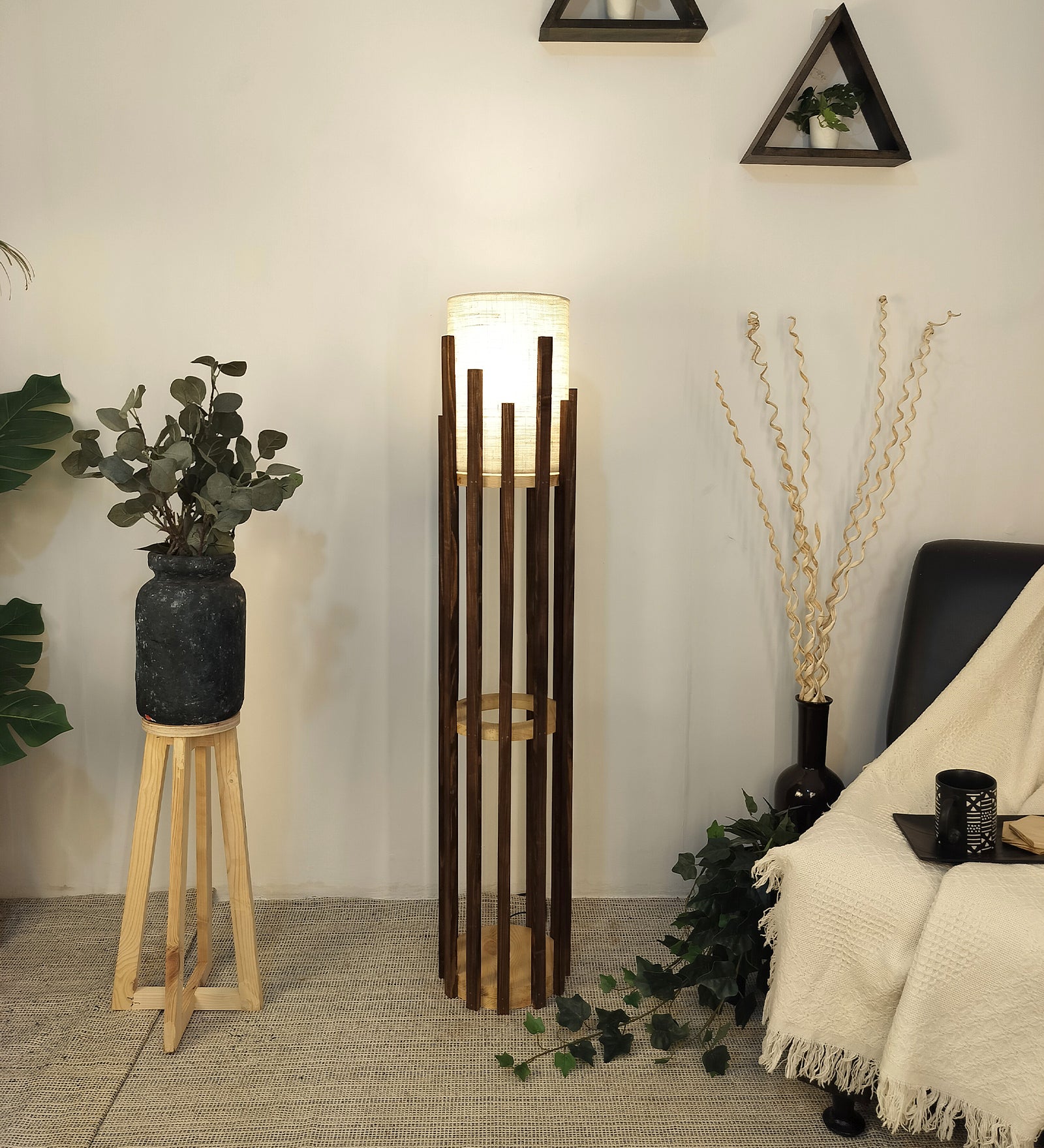 Emphasis Wooden Floor Lamp with Brown Base and Beige Fabric Lampshade