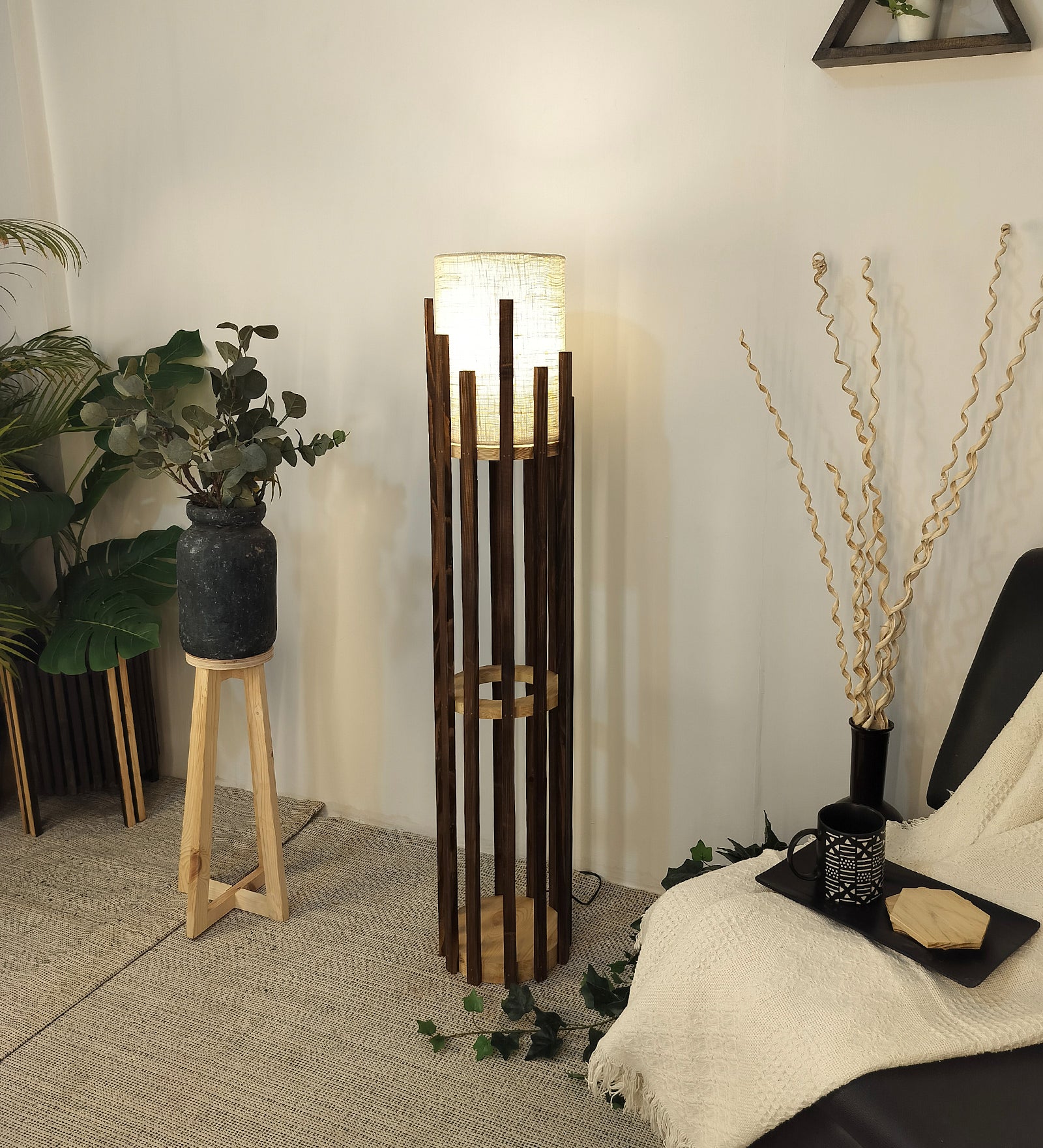 Emphasis Wooden Floor Lamp with Brown Base and Beige Fabric Lampshade