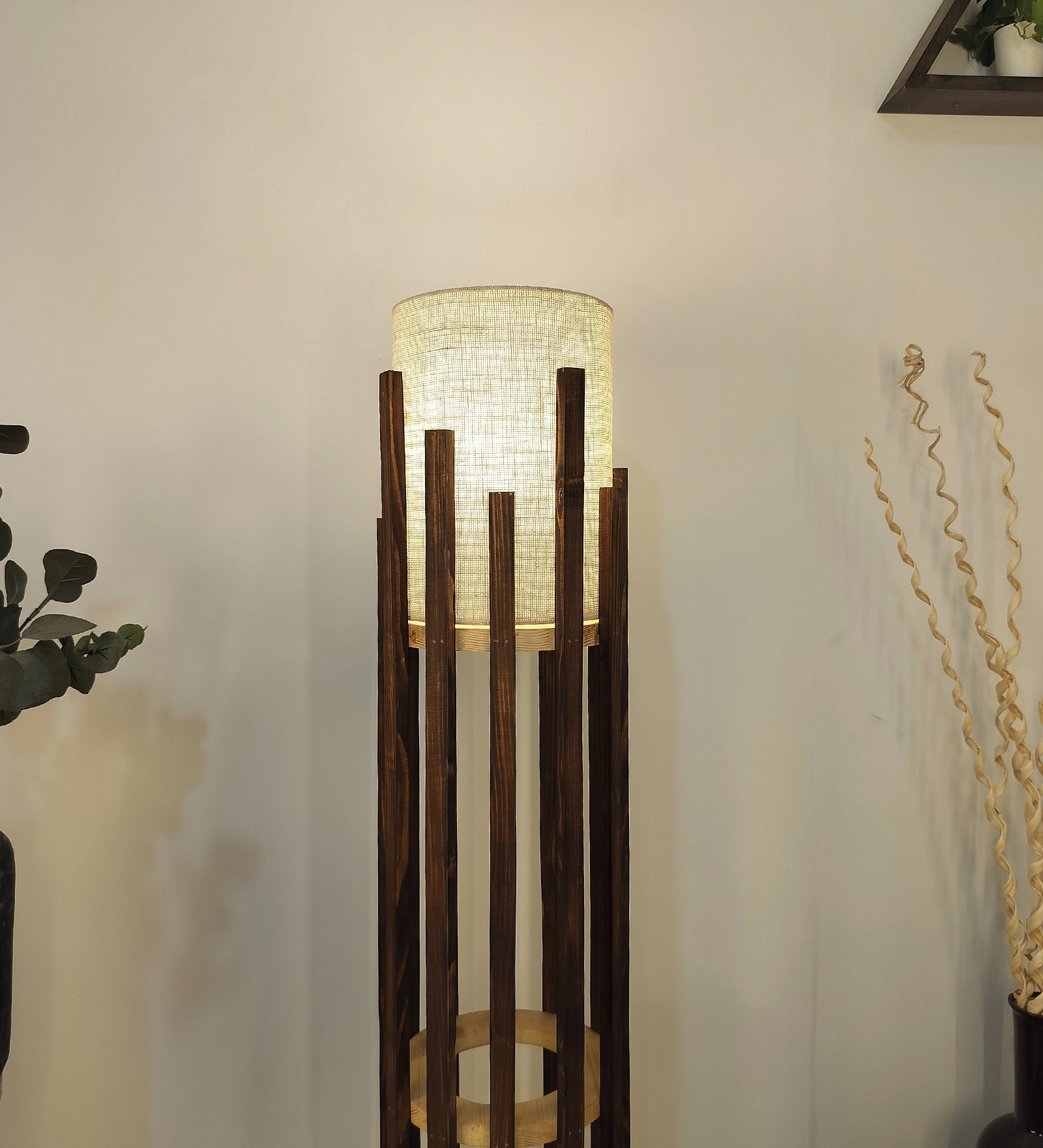 Emphasis Wooden Floor Lamp with Brown Base and Beige Fabric Lampshade