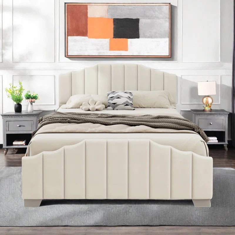 Bed With Vertical Channel Tufted Headboard And Footboard, Velvet Upholstered Platform Bed