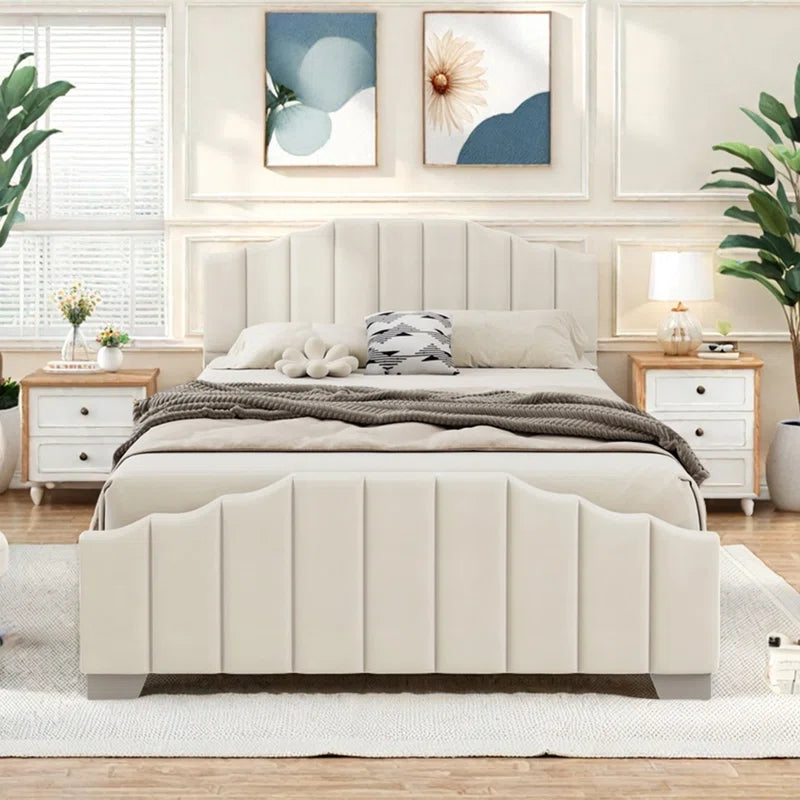 Bed With Vertical Channel Tufted Headboard And Footboard, Velvet Upholstered Platform Bed