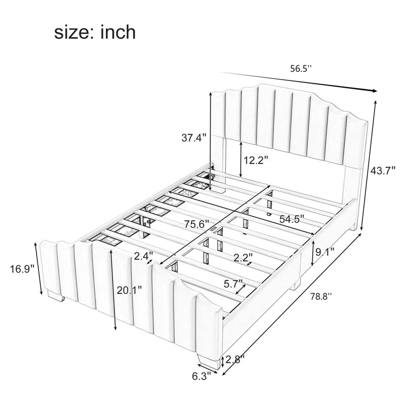 Bed With Vertical Channel Tufted Headboard And Footboard, Velvet Upholstered Platform Bed