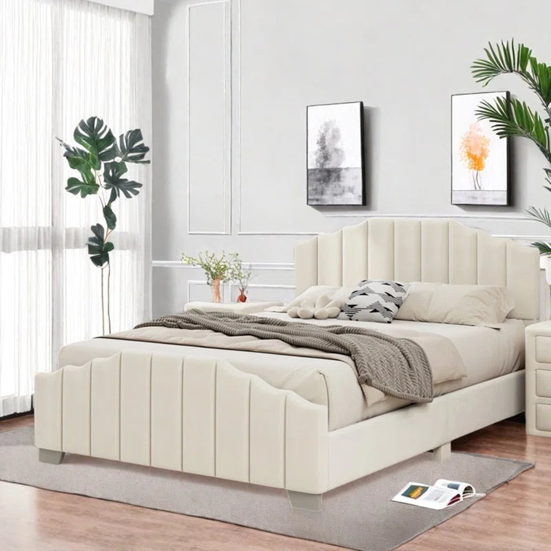 Bed With Vertical Channel Tufted Headboard And Footboard, Velvet Upholstered Platform Bed