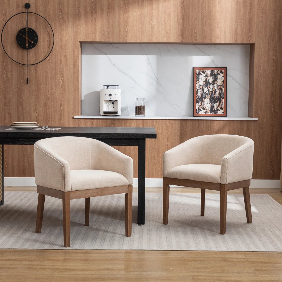 Modern Upholstered Armchairs Set of 2 with Wooden Legs & Curved Back Design