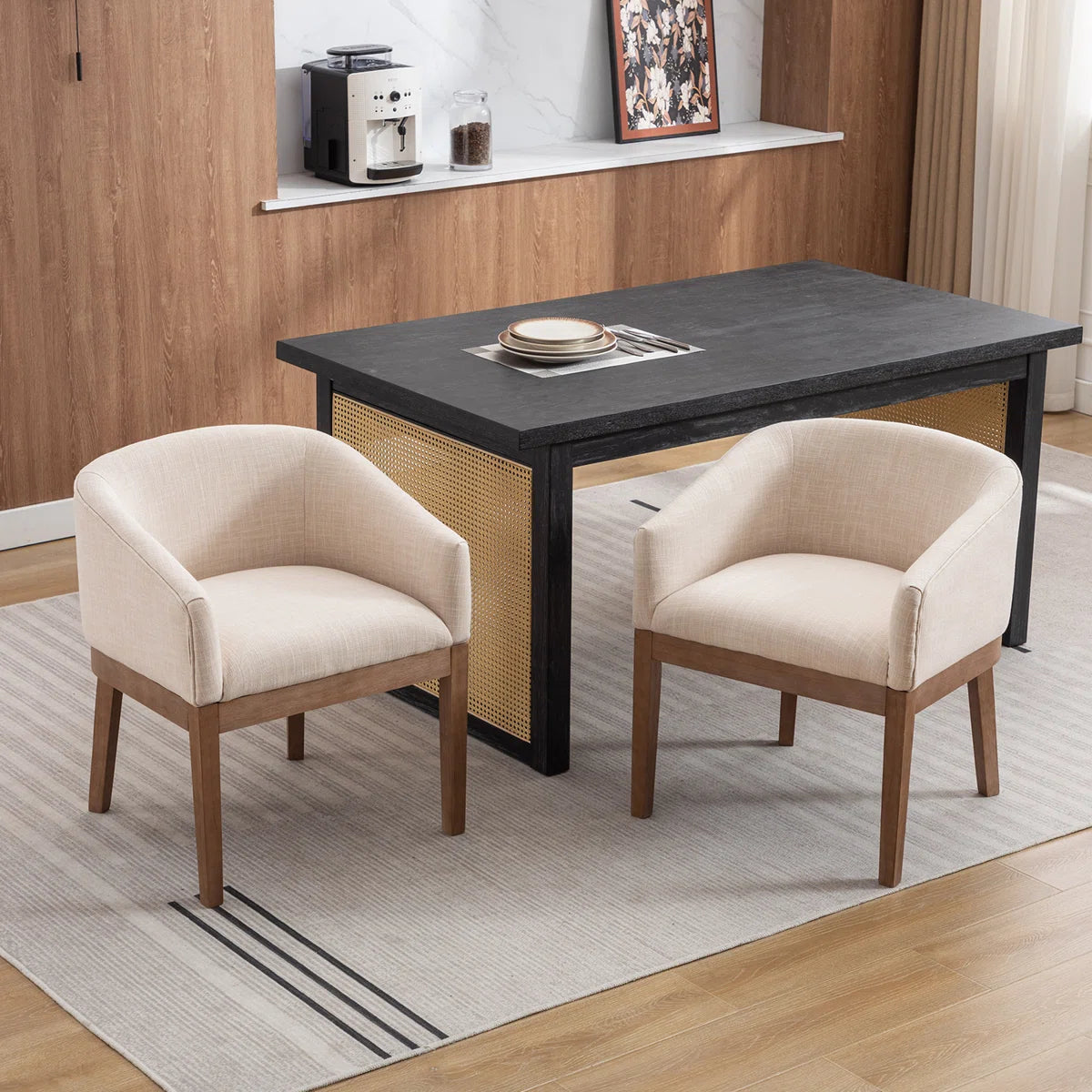 Modern Upholstered Armchairs Set of 2 with Wooden Legs & Curved Back Design