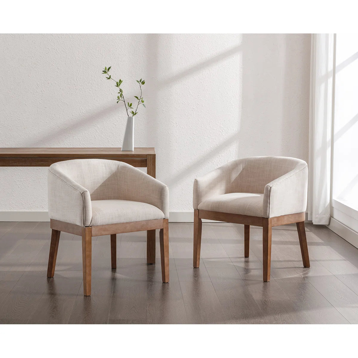 Modern Upholstered Armchairs Set of 2 with Wooden Legs & Curved Back Design