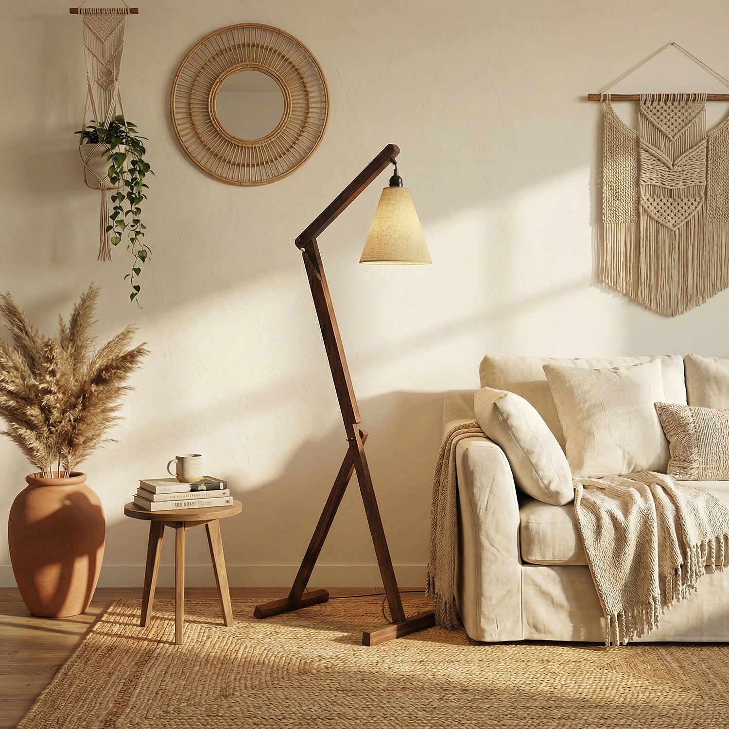 Benji Wooden Floor Lamp with Brown Base and Beige Fabric Lampshade (BULB NOT INCLUDED)