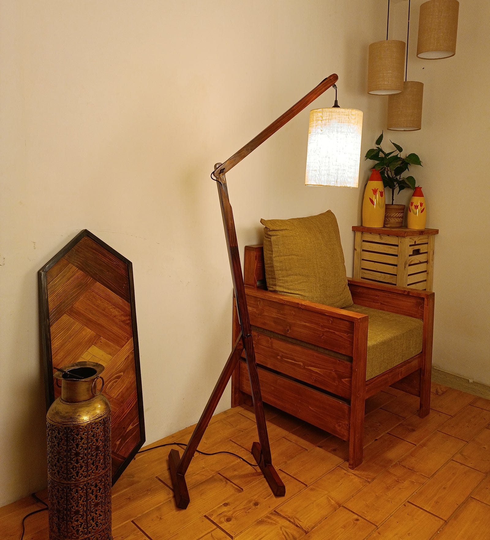 Benji Wooden Floor Lamp with Brown Base and Beige Fabric Lampshade (BULB NOT INCLUDED)