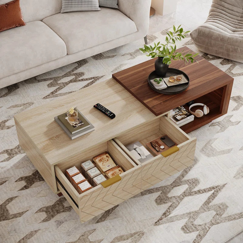 Sophisticated Dual-Tone Coffee Table with Drawers and Open Shelf