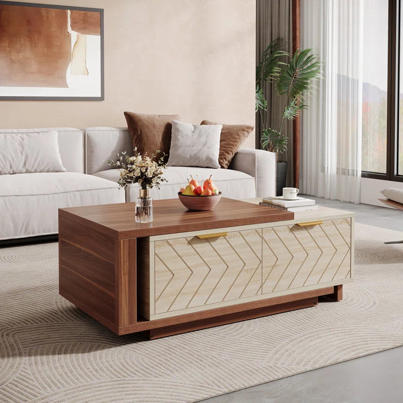 Sophisticated Dual-Tone Coffee Table with Drawers and Open Shelf