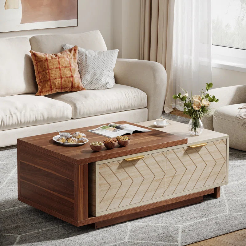Sophisticated Dual-Tone Coffee Table with Drawers and Open Shelf
