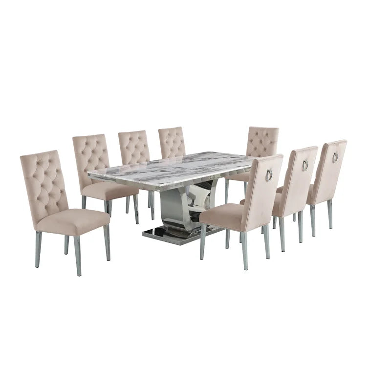 9 - Piece Marble Top Pedestal Dining Set