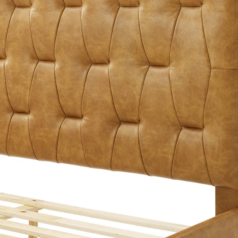 Berthena Tufted Faux Leather Upholstered Wooden Low Profile Standard Bed with Headboard & Footboard