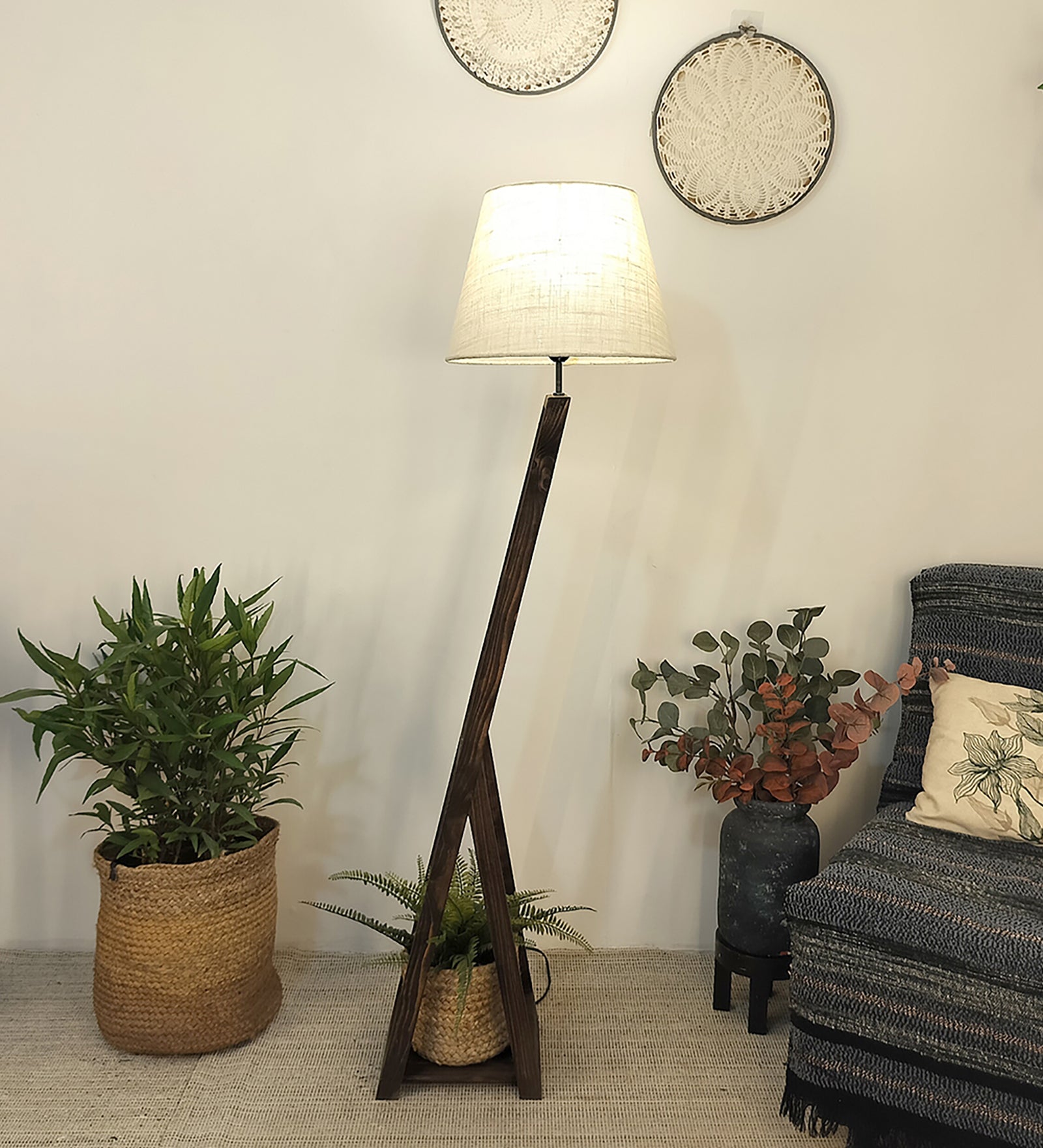 Bezalel Wooden Floor Lamp with Brown Base and Beige Fabric Lampshade (BULB NOT INCLUDED)