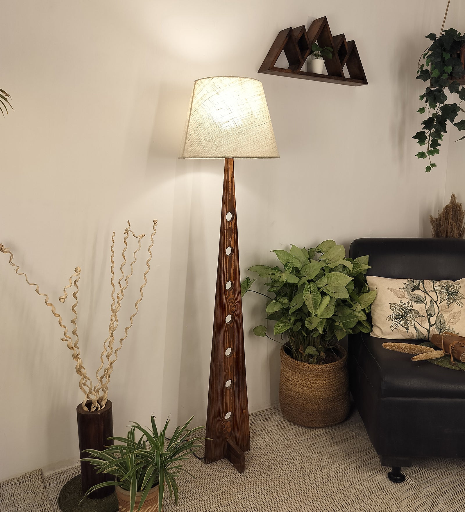 Bevel Wooden Floor Lamp with Brown Base and Yellow Printed Fabric Lampshade