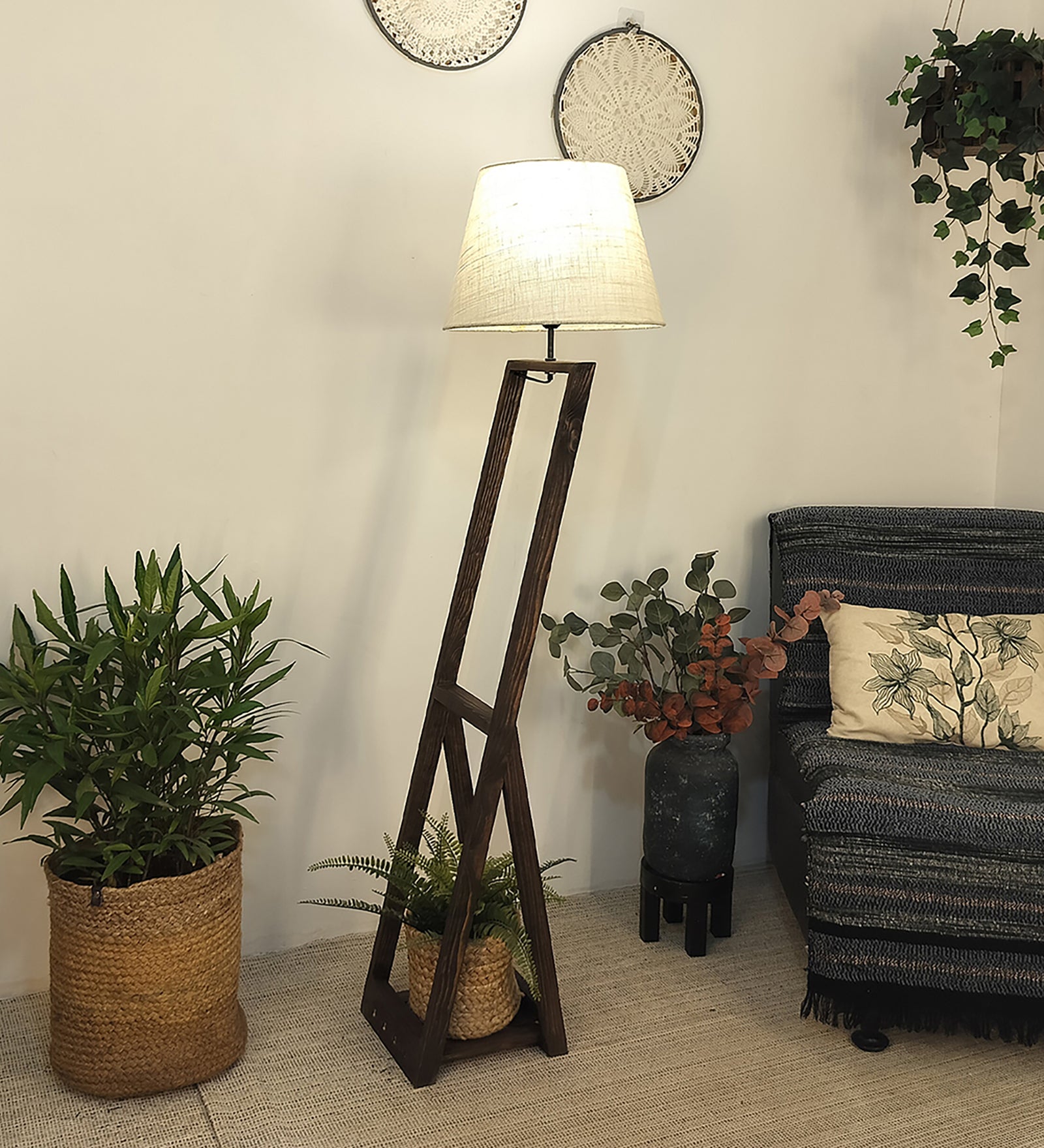 Bezalel Wooden Floor Lamp with Brown Base and Beige Fabric Lampshade (BULB NOT INCLUDED)