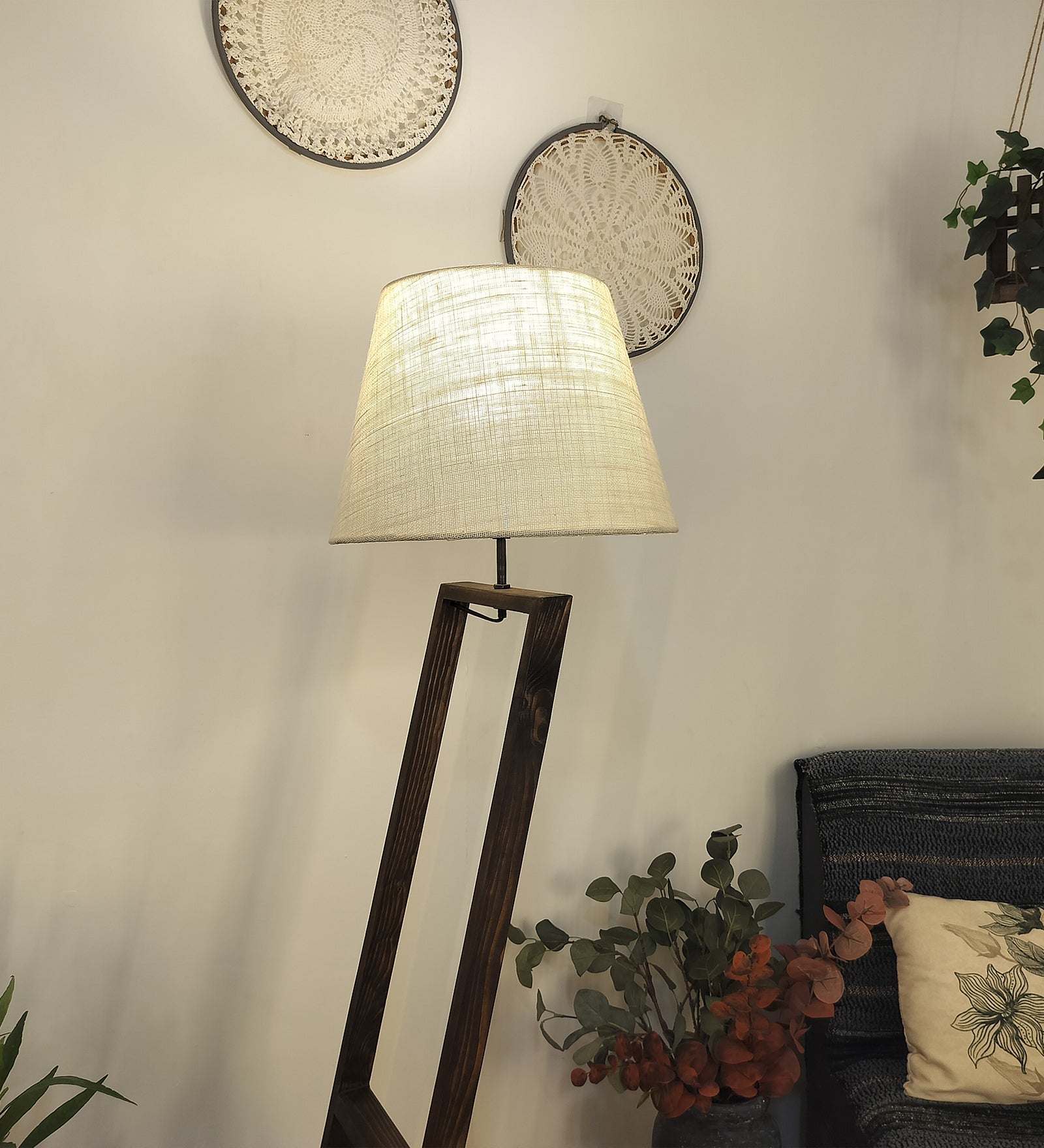 Bezalel Wooden Floor Lamp with Brown Base and Beige Fabric Lampshade (BULB NOT INCLUDED)