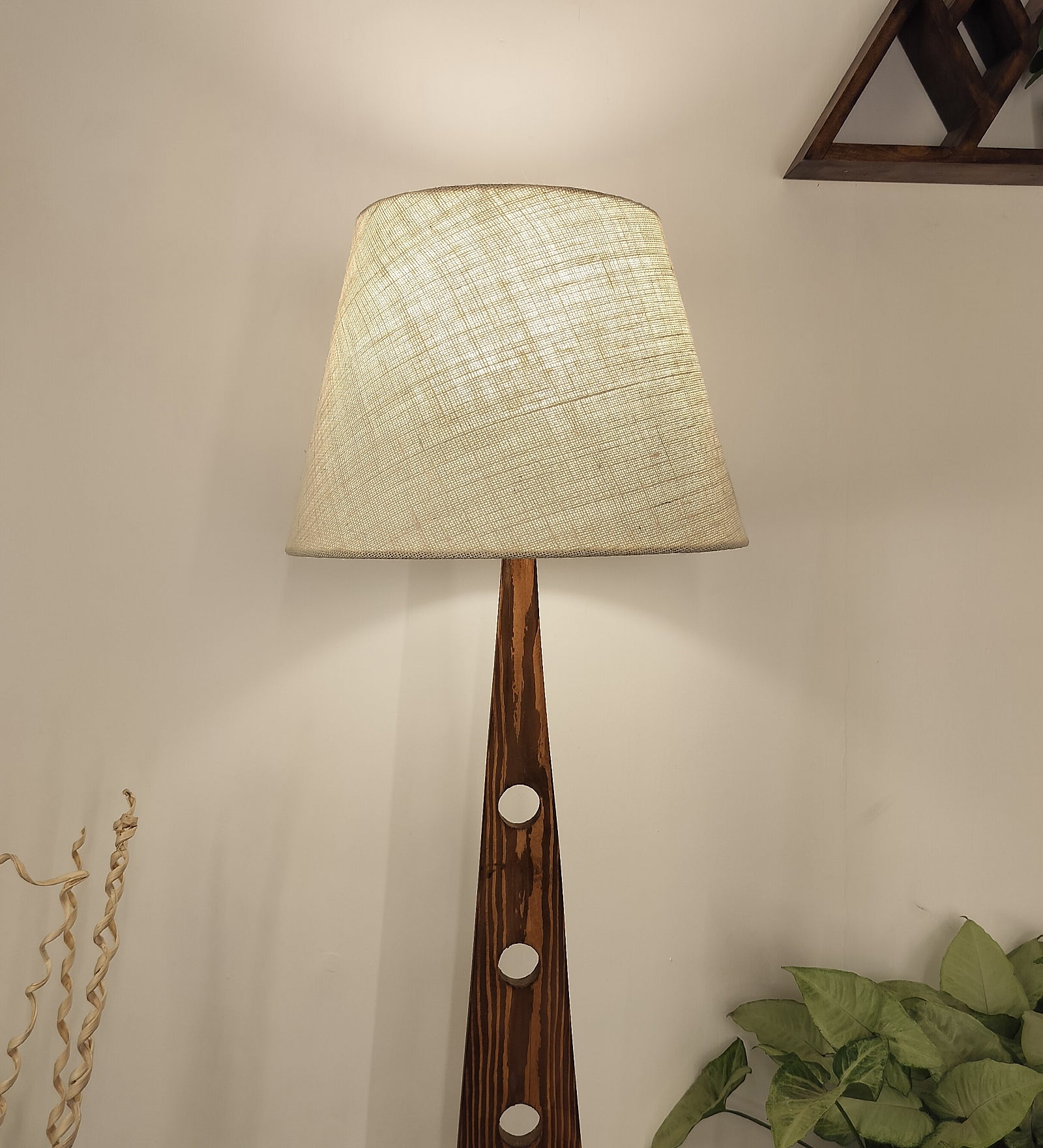 Bevel Wooden Floor Lamp with Brown Base and Yellow Printed Fabric Lampshade