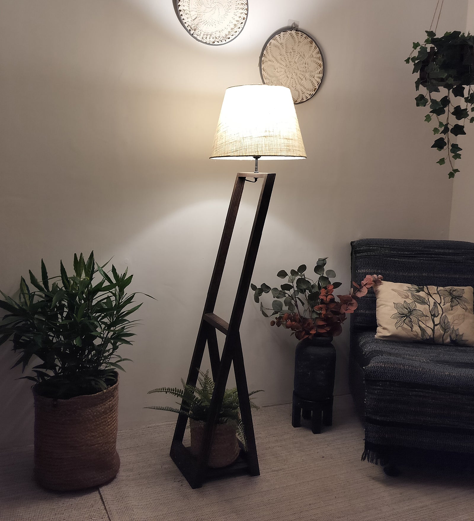 Bezalel Wooden Floor Lamp with Brown Base and Beige Fabric Lampshade (BULB NOT INCLUDED)