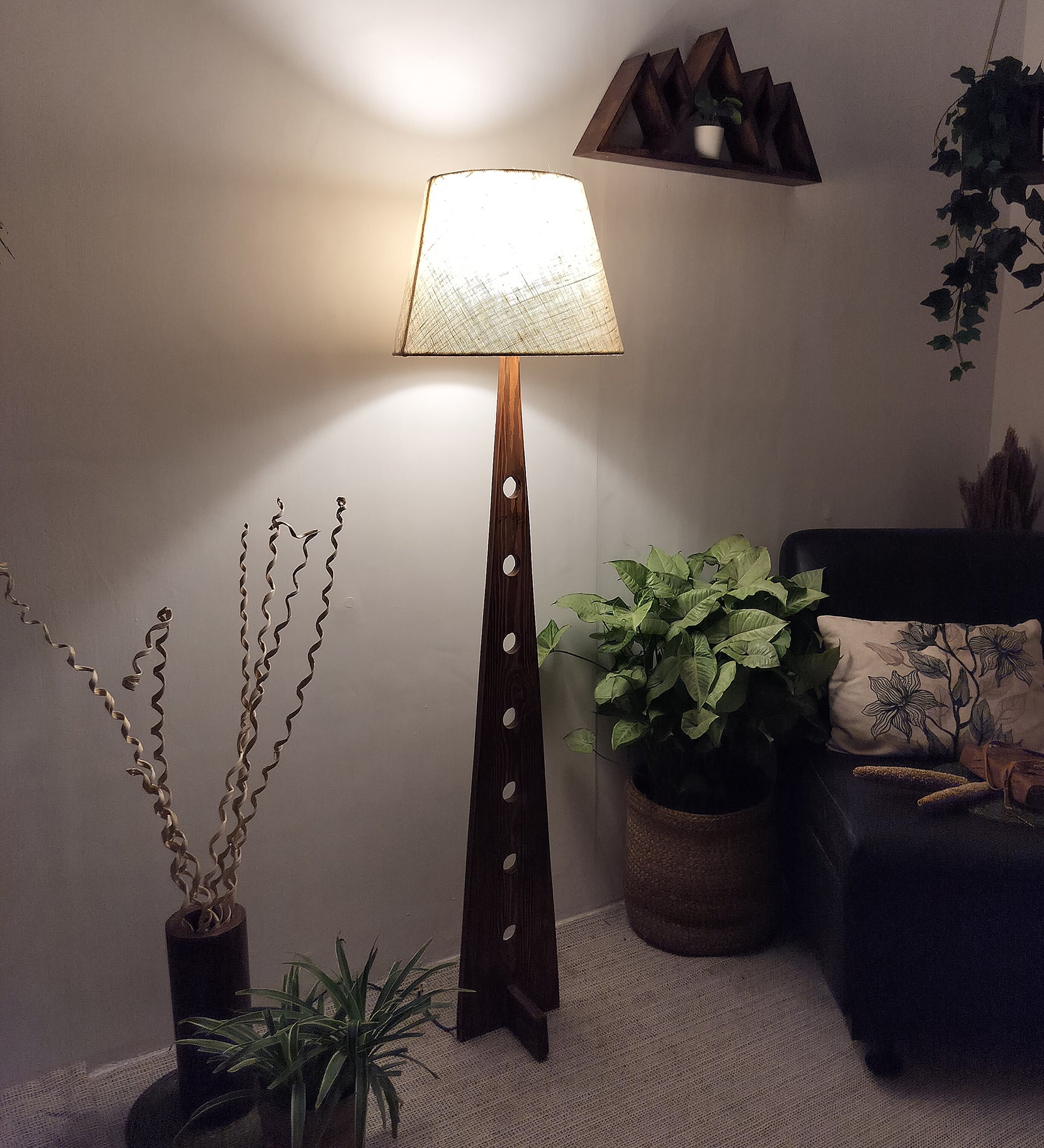 Bevel Wooden Floor Lamp with Brown Base and Yellow Printed Fabric Lampshade