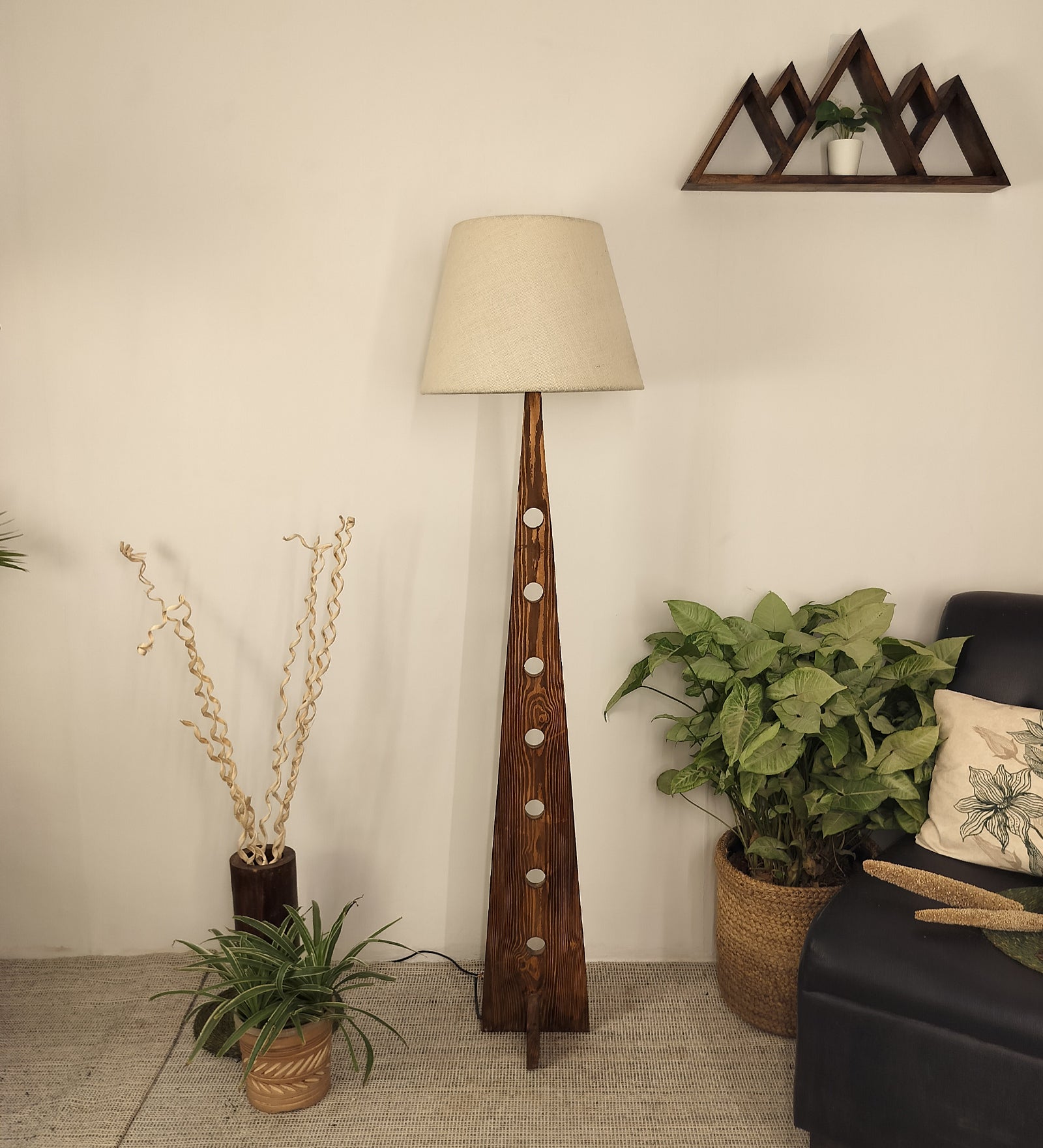 Bevel Wooden Floor Lamp with Brown Base and Yellow Printed Fabric Lampshade