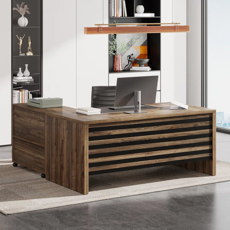 Executive Office Desk with Mobile Filing Cabinet & Storage Shelves | Large Computer Workstation for Home Office